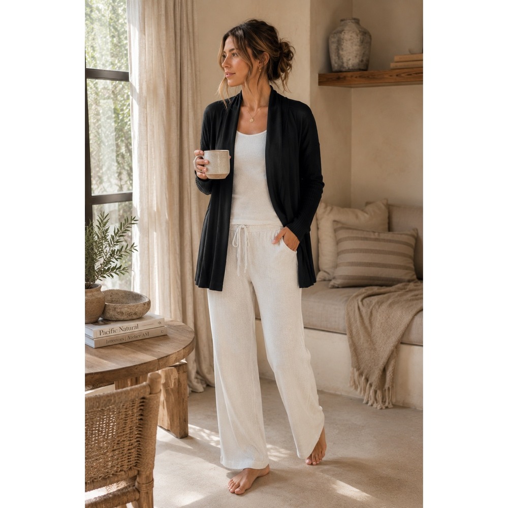 JJ Winks BFF Cardigan Robe Women M Black Open Ribbed Loungewear TRAVEL COMFORT